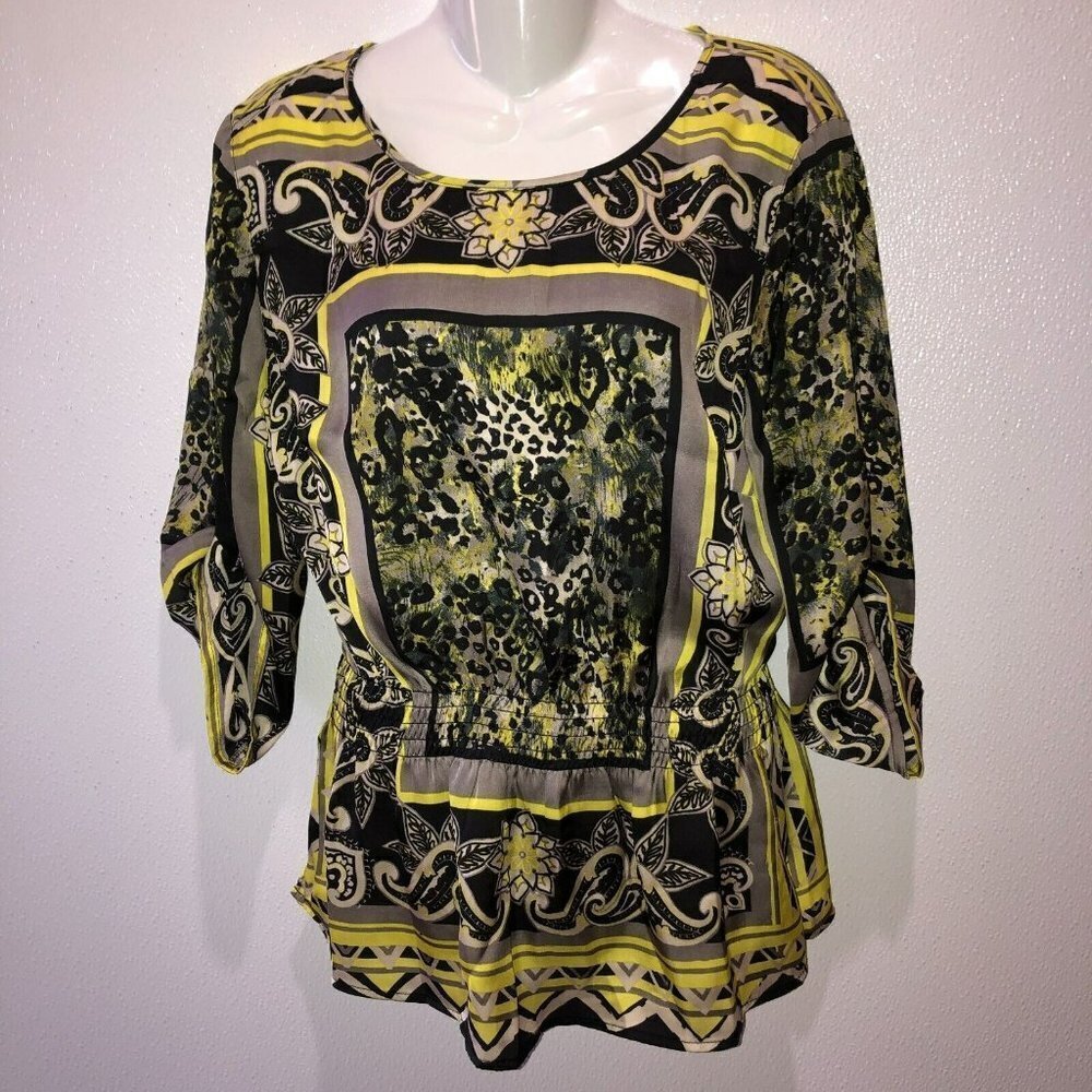 Multiples Medium Black Yellow Print Elastic Waist 3/4 Sleeve Blouse Top Size M - Picture 3 of 10